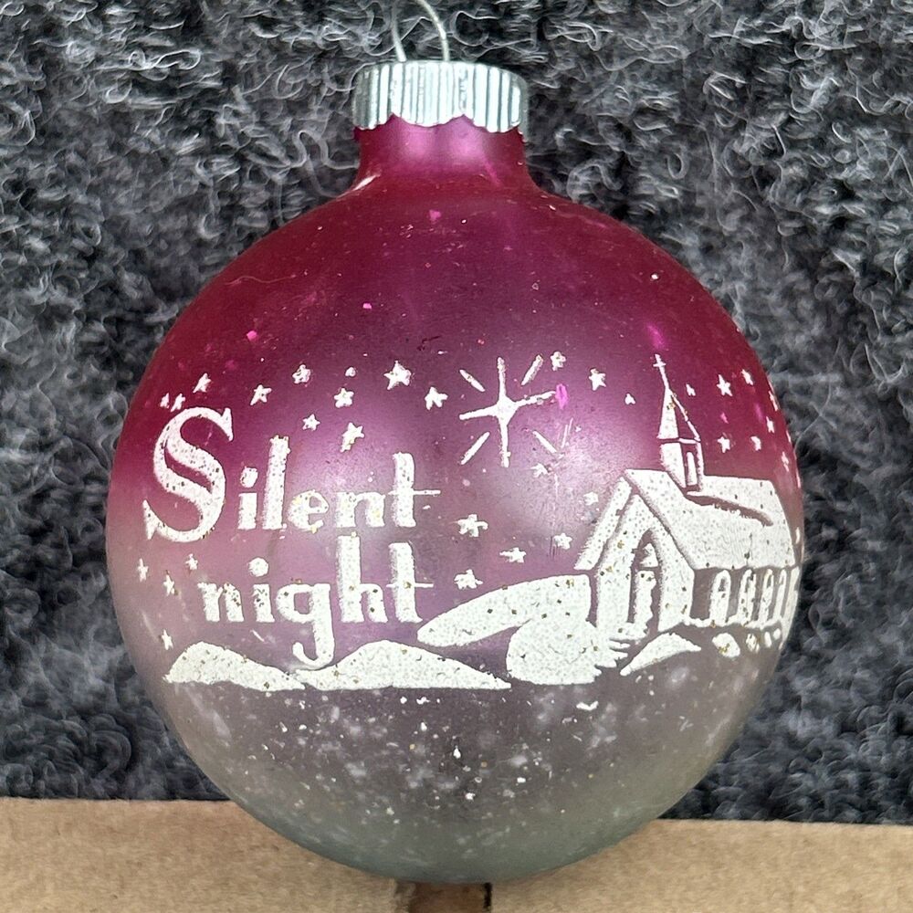 Vtg SHINY BRITE 2" Unsilvered Opaque Pink Ombre Silent Night Stenciled Ornament